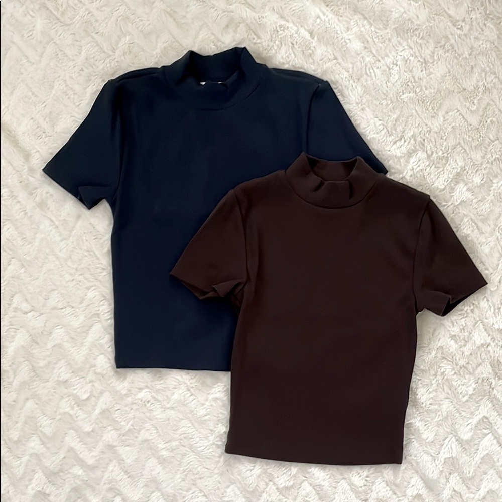 Aritzia Babaton mockneck ribbed tshirt - Formarib - 2x navy & brown